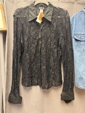 INC International Concepts Black Sheer Lace Button-Front Blouse